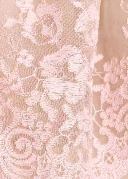 Top Ruffled Neck Summer Embroidered Slash Fashion Pink Tulle