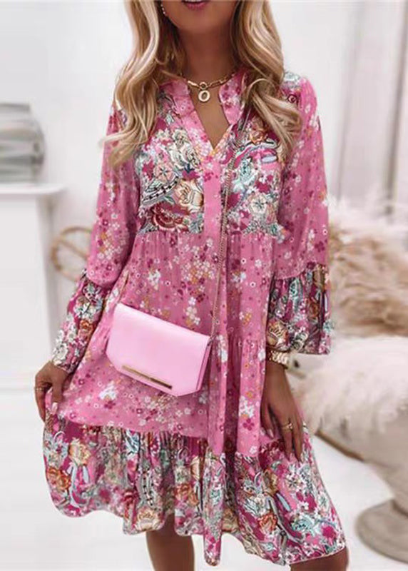 Fashion Fall Pink Mid Dresses V Wrinkled Print Neck