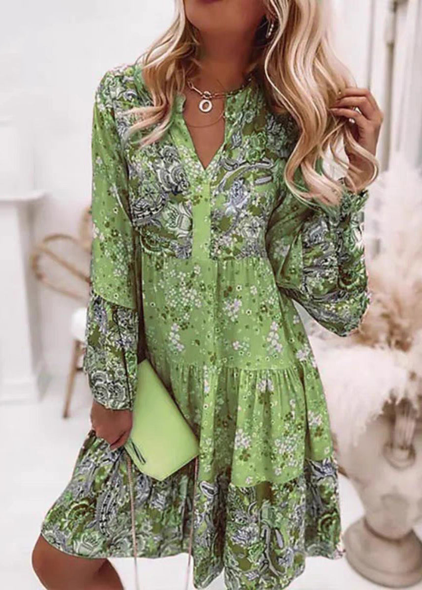 Fashion Fall Pink Mid Dresses V Wrinkled Print Neck