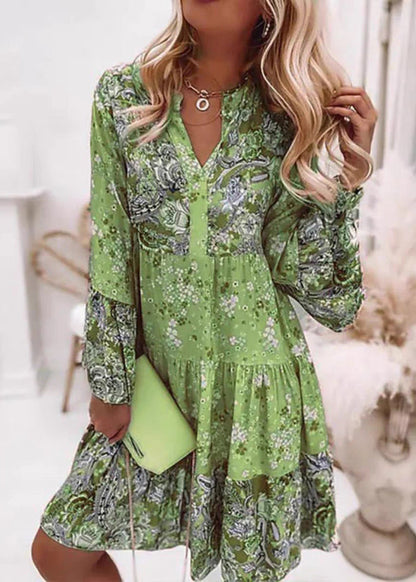 Fashion Fall Pink Mid Dresses V Wrinkled Print Neck