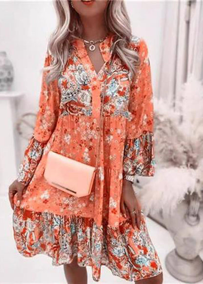 Fashion Fall Pink Mid Dresses V Wrinkled Print Neck