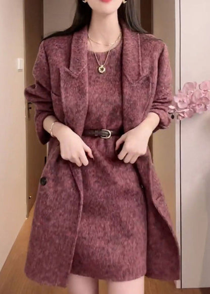 Fashion Purple Coat And Dress Woolen 2 Piece Outfit Winter RF015