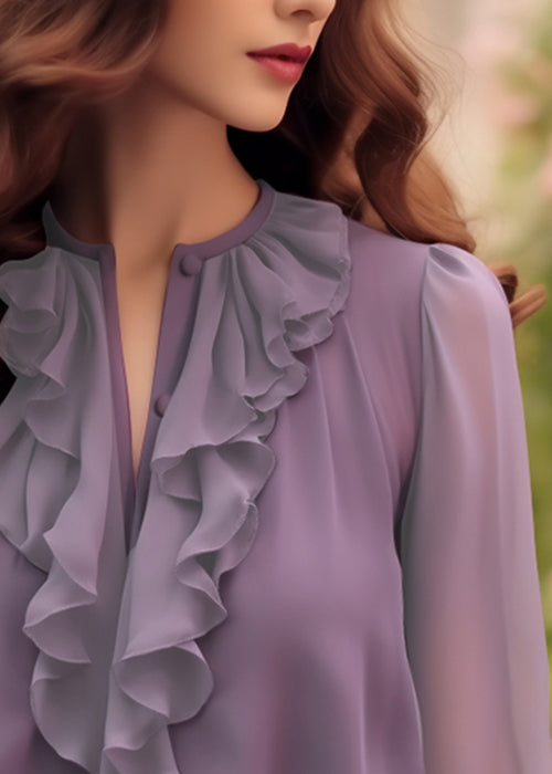 Shirt Purple Bracelet Ruffled Sleeve Fashion Chiffon Solid