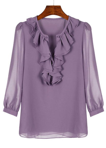 Shirt Purple Bracelet Ruffled Sleeve Fashion Chiffon Solid