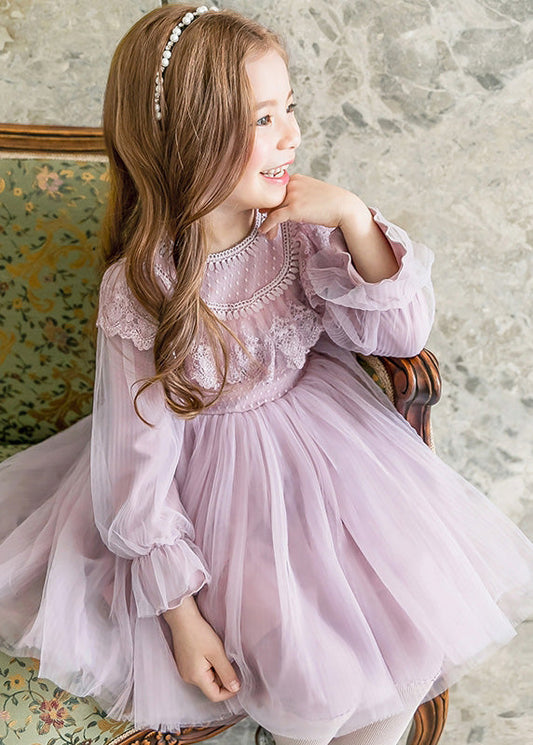 Fashion Purple Tassek Warm Fleece Tulle Girls Maxi Dress Flare Sleeve TG003