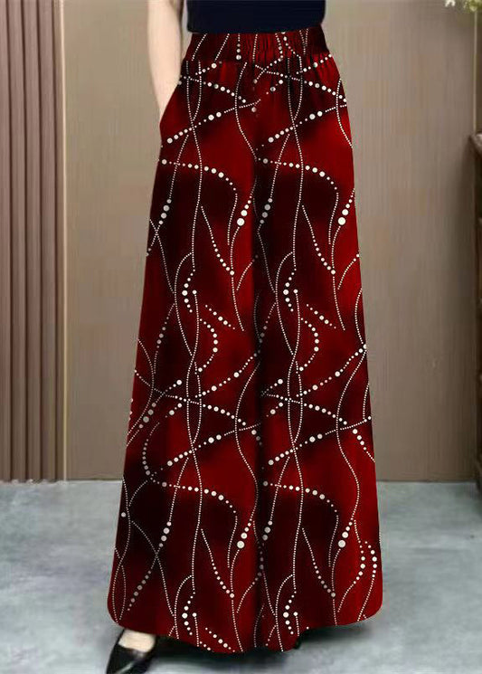 Draping Wide Pants Red Print Silk Ice Waist Fashion Leg High