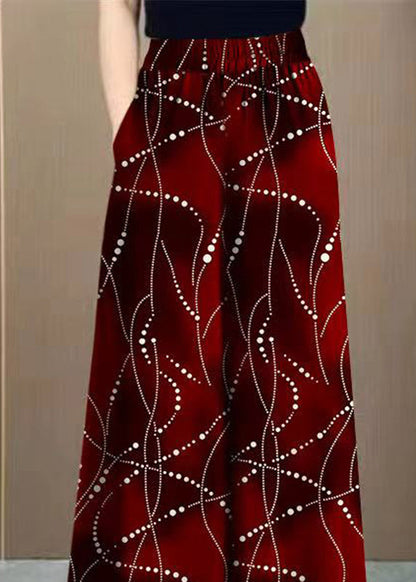 Draping Wide Pants Red Print Silk Ice Waist Fashion Leg High