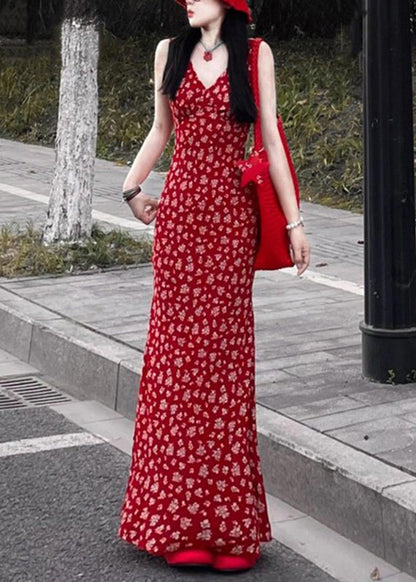 Sleeveless Fashion Neck Maxi Red Dress Print V
