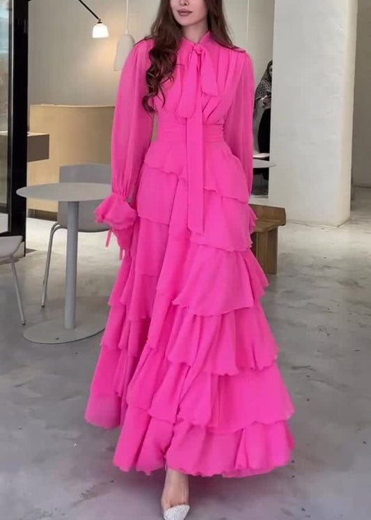 Fashion Rose Bow Ruffled Patchwork Chiffon Long Dress Fall WO059