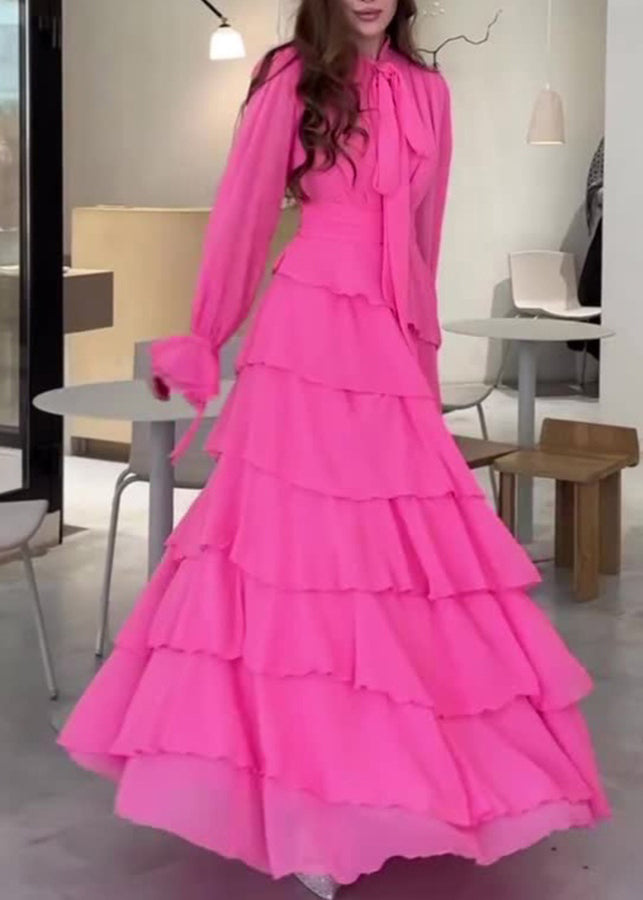 Robe longue en mousseline de soie à volants et nœud papillon rose tendance pour l'automne WO059