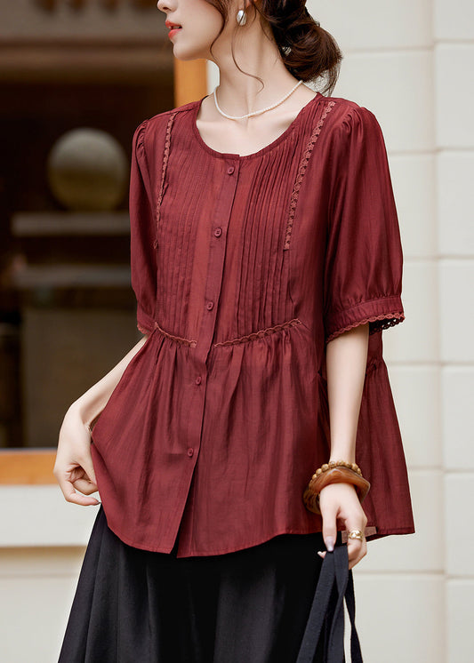 Fashion Rust Lace Patchwork Button Silk Shirt Summer WW048