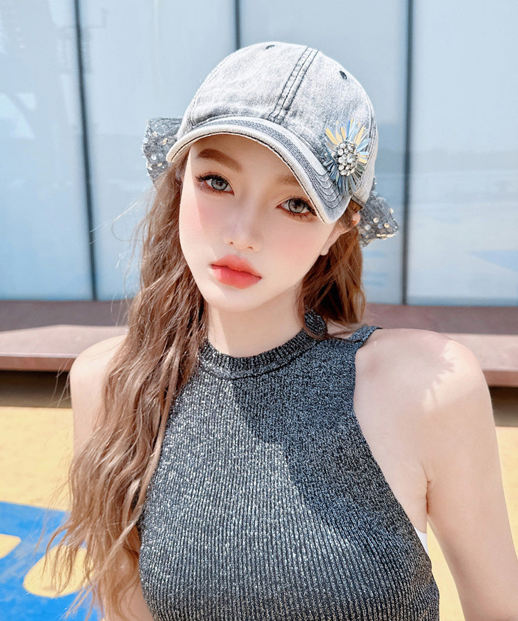 Baseball Flower Fashion Cap Versatile Rhinestone Bow Hat Sequin
