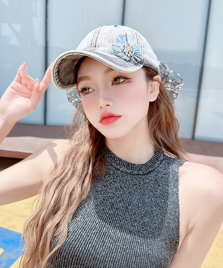 Baseball Flower Fashion Cap Versatile Rhinestone Bow Hat Sequin