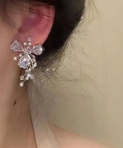 Pearl Copper Zircon Silk Fashion Earrings Floral Stud