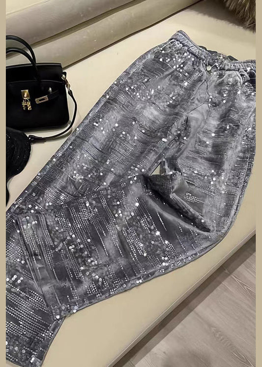 Fashion Silver Sequins Elastic Waist Straight Pants Spring BV041