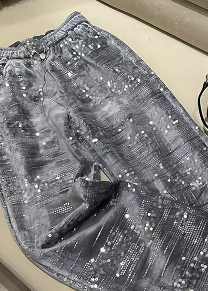 Fashion Silver Sequins Elastic Waist Straight Pants Spring BV041