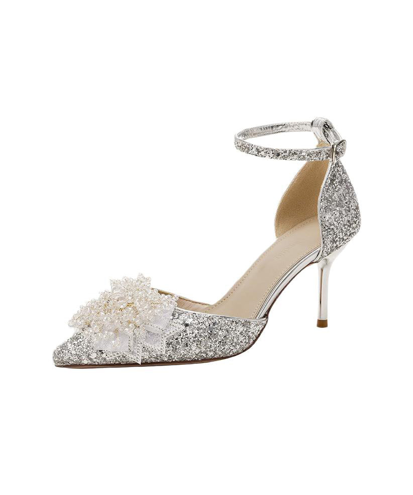 Fashion Splicing Sequins Pointed Silver Stiletto Heels High Toe