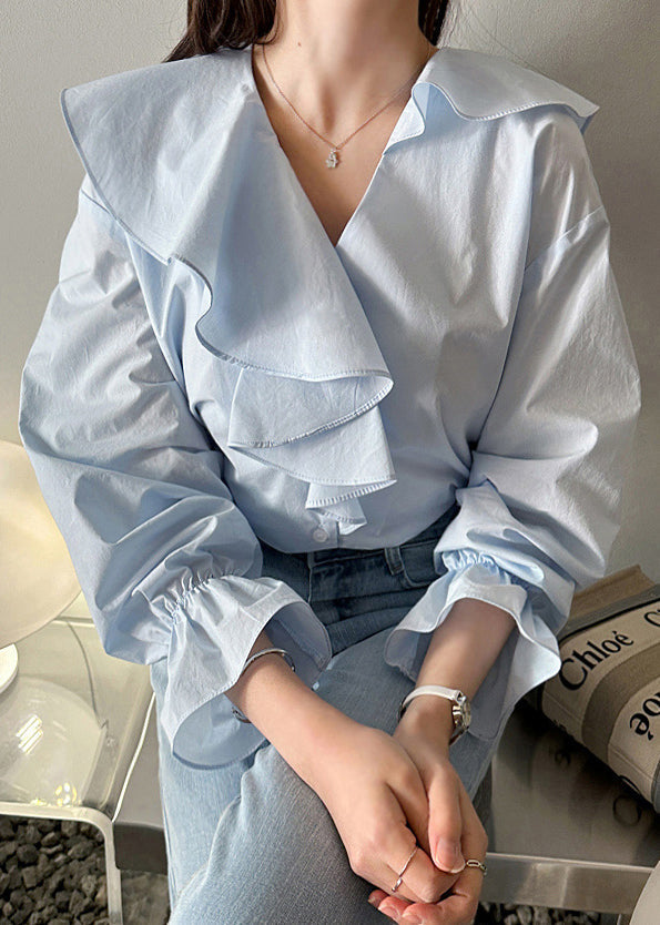 Cotton Ruffles Blue Asymmetrical Sky Fall Fashion Shirt