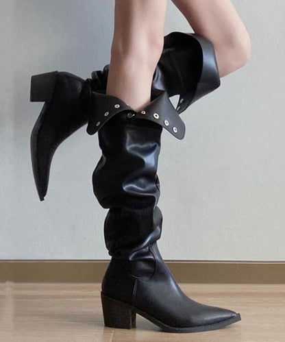 Modische klobige Kniestiefel mit Spleißen, schwarzes Kunstleder, WT019