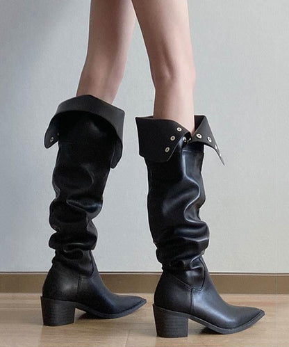 Modische klobige Kniestiefel mit Spleißen, schwarzes Kunstleder, WT019