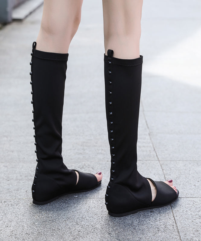 Bottes longues à épissures tendance en tissu élastique noir à bout ouvert XC1055