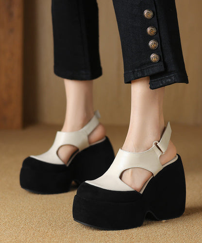 Cowhide White Leather Splicing Sandals Fashion Platform Hollow