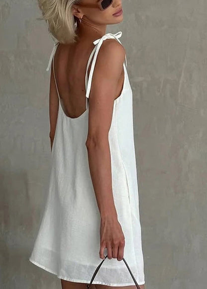 Mini Fashion White Dresses Lace Backless Up Summer Cotton