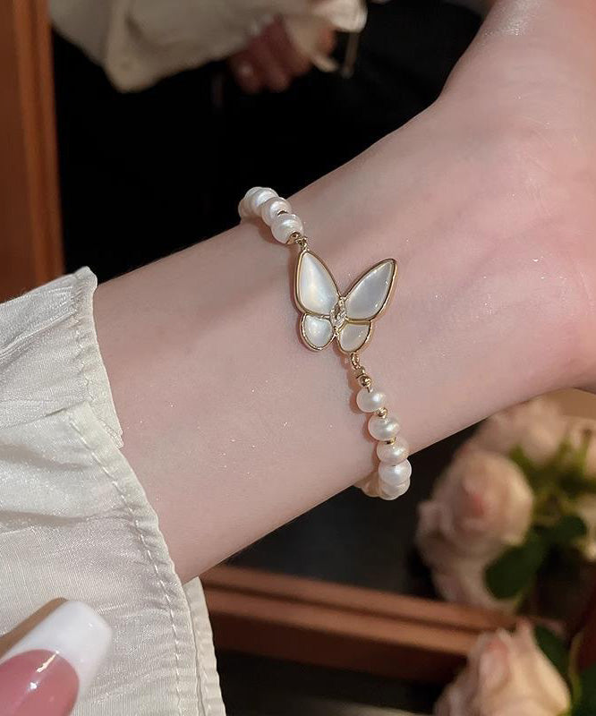 White Copper Alloy Charm Fashion Bracelet Pearl Butterfly