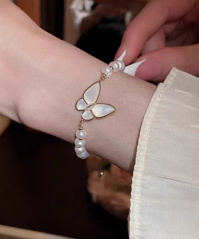 White Copper Alloy Charm Fashion Bracelet Pearl Butterfly