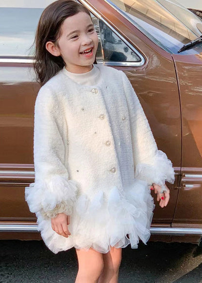 Fashion White O-Neck Button Tulle Patchwork Girls Mid Dresses Winter WL021