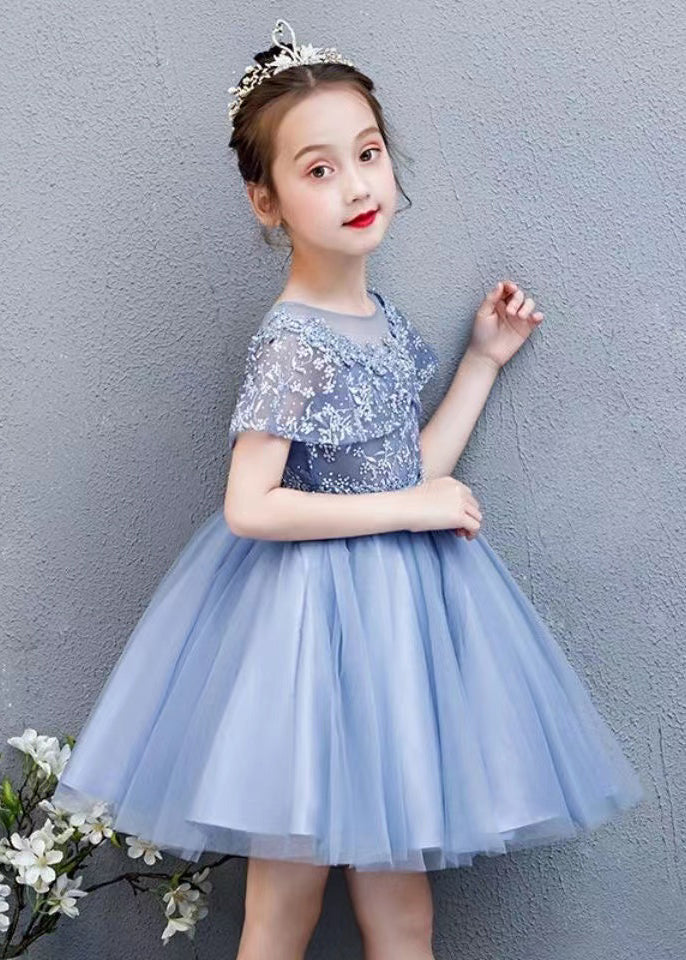 Mode Weiß O-Ausschnitt Bestickt Blumen Tüll Kinder Midi Kleid Sommer EW031