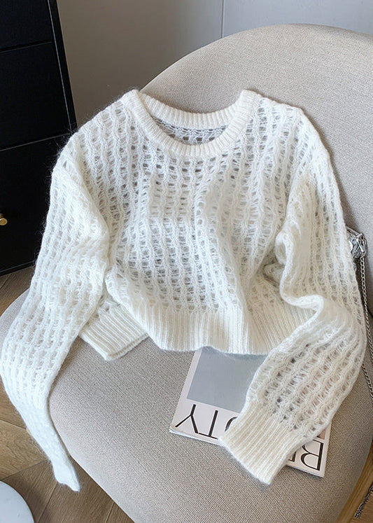 Pull en tricot ajouré à col rond blanc tendance pour l'automne QL061