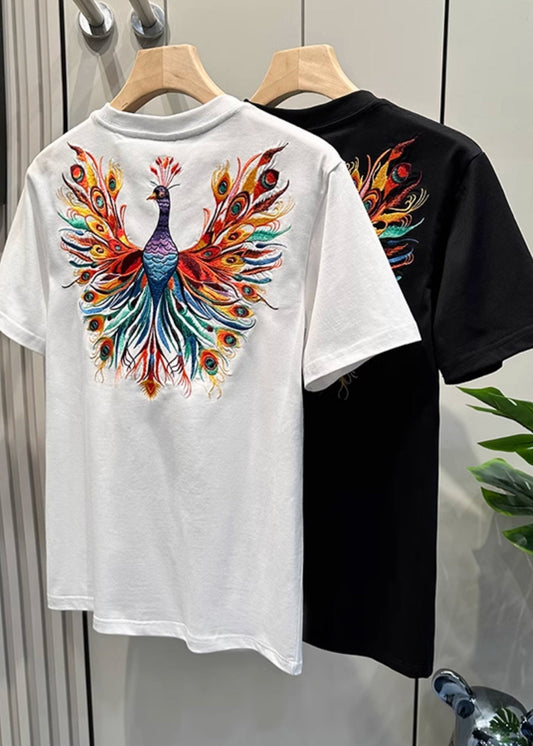 Embroideried Men Summer White Cotton Peacock T Fashion Shirt