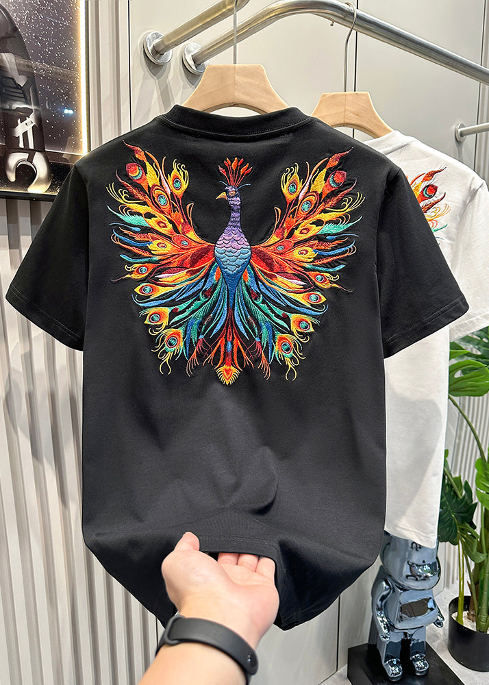 Embroideried Men Summer White Cotton Peacock T Fashion Shirt