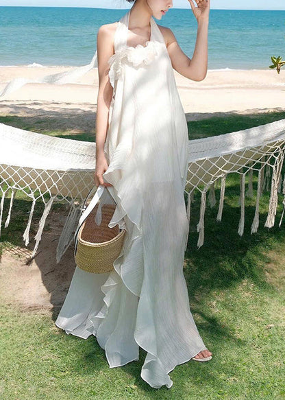 Cotton Patchwork Ruffled Dresses Asymmetrical White Fashion