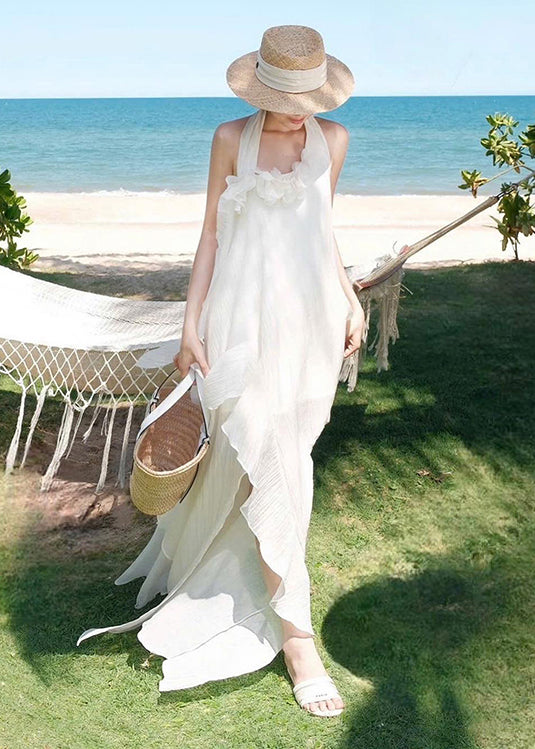 Cotton Patchwork Ruffled Dresses Asymmetrical White Fashion