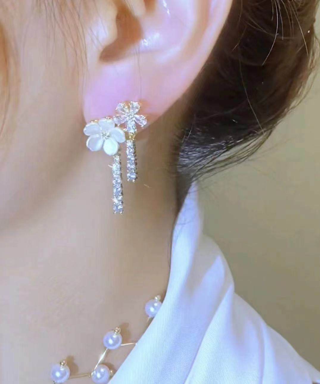 Overgild Drop Pearl Silver Fashion Sterling White Zircon Floral