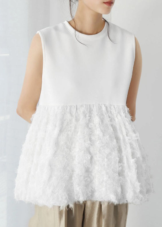 Sleeveless Fashion Cotton Patchwork White Tops Tasseled