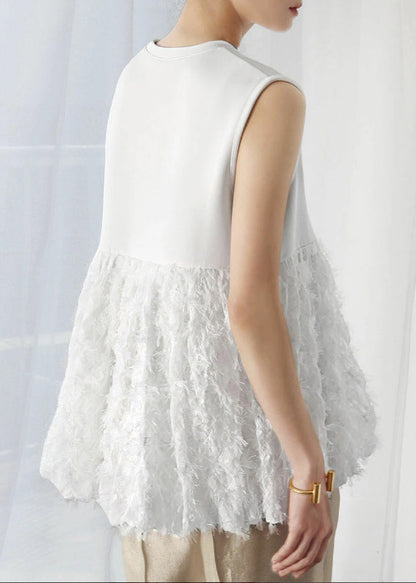 Sleeveless Fashion Cotton Patchwork White Tops Tasseled