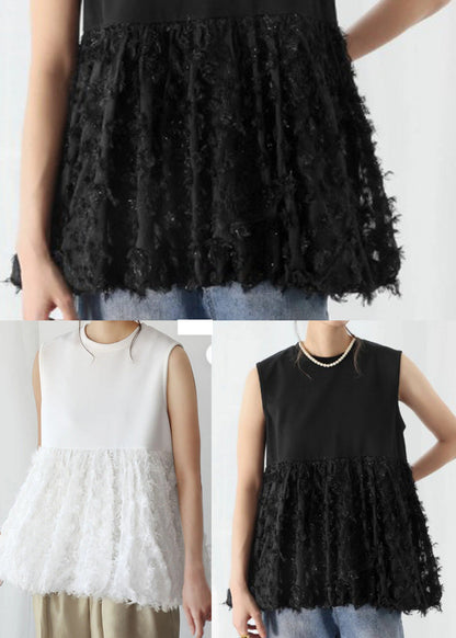 Sleeveless Fashion Cotton Patchwork White Tops Tasseled