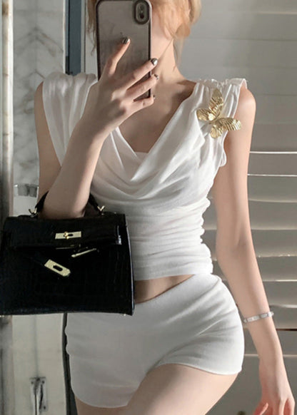 Sleeveless Vests Neck Turtle Butterfly Decorated Fashion White