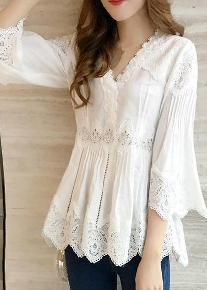 Fashion White V-Neck Ruffles Hollow Out Shirts Spring BV052