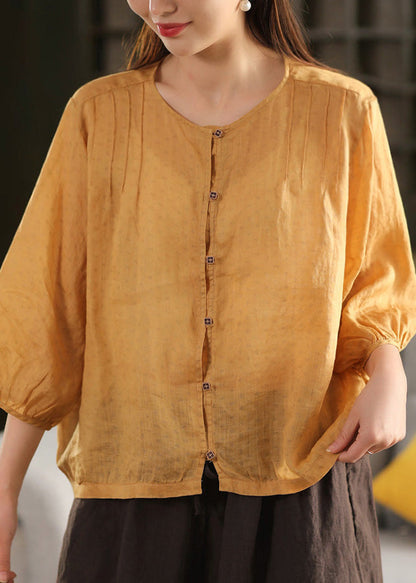 Button Summer Linen Top Fashion O Neck Yellow