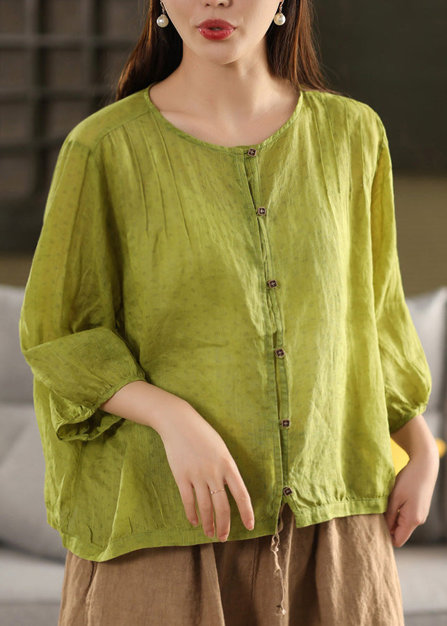 Button Summer Linen Top Fashion O Neck Yellow