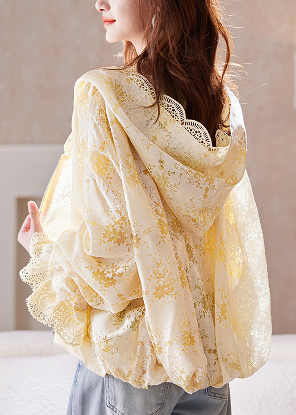 Yellow Sleeve Fashion Lace Hoodie Batwing Up Coat Zip