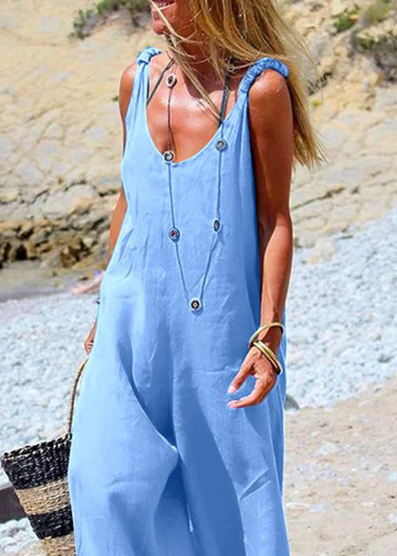 leg Side Jumpsuit Wide Button Navy Female Blue Sleeveless