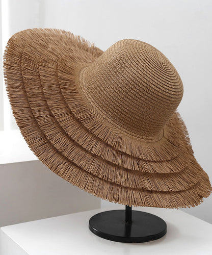 Beige Sunshade Hat Straw Edge Tassel Woven Big Summer Female