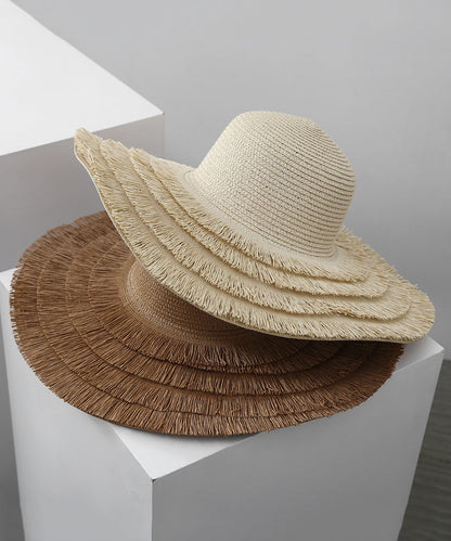 Beige Sunshade Hat Straw Edge Tassel Woven Big Summer Female