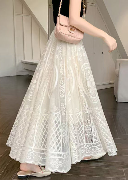 Fine Waist Summer Skirt Embroidered Lace Apricot Elastic