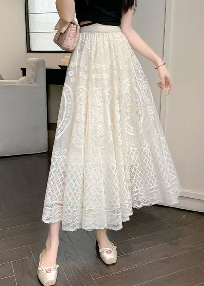 Fine Waist Summer Skirt Embroidered Lace Apricot Elastic